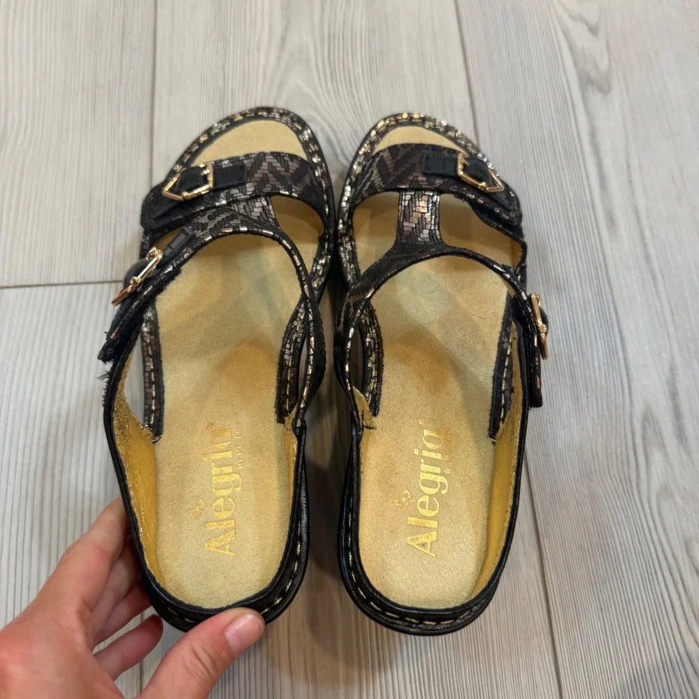 Alegria Lara Shmancy Bronze Metallic Leather Wedge Sandals 38 US 8-8.5 NEW